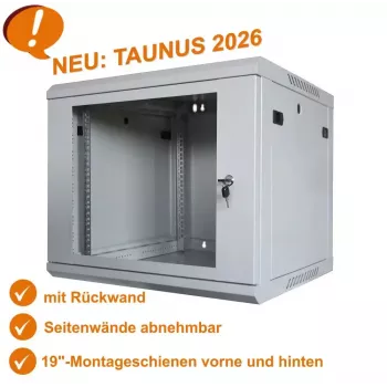 IT-BUDGET 19 colių tinklo spintelė TAUNUS - 12U, 450 mm gylio, rakinamos stiklo durelės, šviesiai pilka (90ITB191245GG)