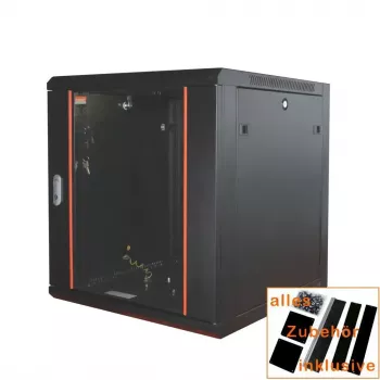 IT-BUDGET 19 inch Tinklo spintelė SWA - 12U - 570x450 mm - Stiklinės durelės - Nuimami šonai - Sieninė ir grindų montavimo - Priedų rinkinys - Juoda (90ITB19WS12645GS)