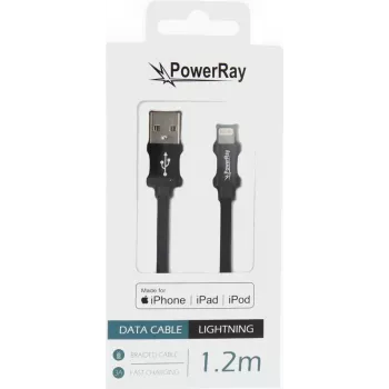 PowerRay PR-DCUL120TBK USB-A į Lightning MFi sertifikuotas pintas nailono duomenų ir įkrovimo kabelis, 1,2 m, juodas