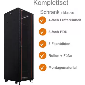 IT-BUDGET 19 inch tinklo spintos SRK komplektas 42U 600x600mm su stiklo/plieno durelėmis, 4 ventiliatoriais, PDU, lentynomis, surinkta juoda 99ITB19SRK4266GSM