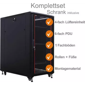 IT-BUDGET 19 inch tinklo spintos SRK komplektas - 18U - 600x1000 mm - stiklo/plieno durelės - 4 aktyvūs ventiliatoriai - PDU - lentynos - išardoma - juoda 90ITB19SRK18610GS