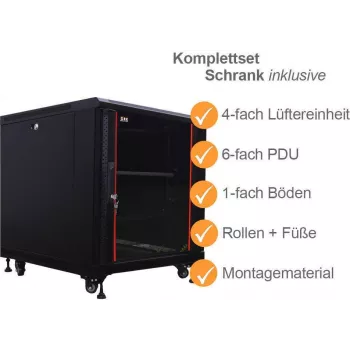 IT-BUDGET 19 colių tinklo spintos SRK komplektas 12U 600x800 mm stiklo/plieno durelės su 4 ventiliatoriais, PDU, lentynomis, išardomas, juodas 90ITB19SRK1268GS
