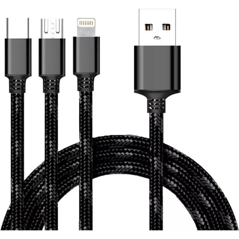 CYOO 3-in-1 USB įkrovimo ir duomenų kabelis - Micro USB, USB-C, Lightning - juodas