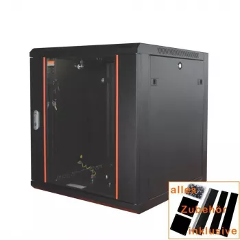 IT-BUDGET 19 inch tinklo spintelė SWA - 12U - 570x600 mm - stiklinės durelės - nuimami šonai - sieninė/grindinė montuojama - priedų rinkinys - juoda 90ITB19WS1266GS