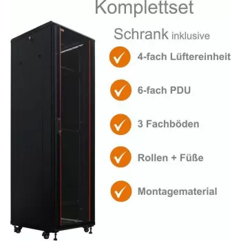 IT-BUDGET 19 inch tinklo spintos SRK komplektas - 38U - 600x600 mm - stiklo/plieno durelės - 4 aktyvūs ventiliatoriai - PDU - lentynos - išardytas - juoda (90ITB19SRK3866GS)
