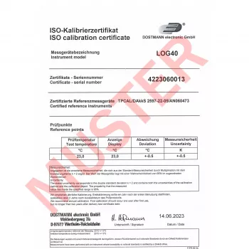 TFA Dostmann LOG40 ISO kalibruotas temperatūros duomenų registratorius USB PDF, -40 iki +60 °C