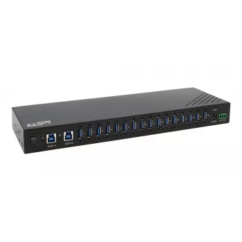 EXSYS EX-11236HMS 16 prievadų USB 3.2 Gen 1 pramoninis šakotuvas su 15KV ESD apsauga, sieniniu ir DIN bėgio tvirtinimu
