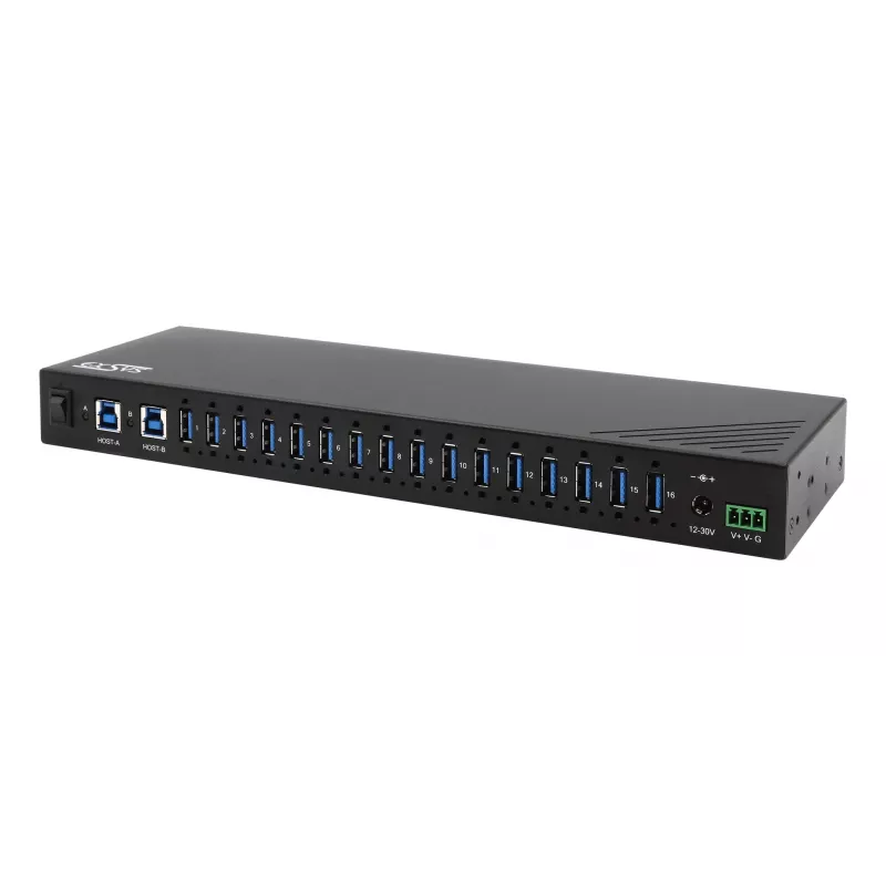 EXSYS EX-11236HMS 16 prievadų USB 3.2 Gen 1 pramoninis šakotuvas su 15KV ESD apsauga, sieniniu ir DIN bėgio tvirtinimu