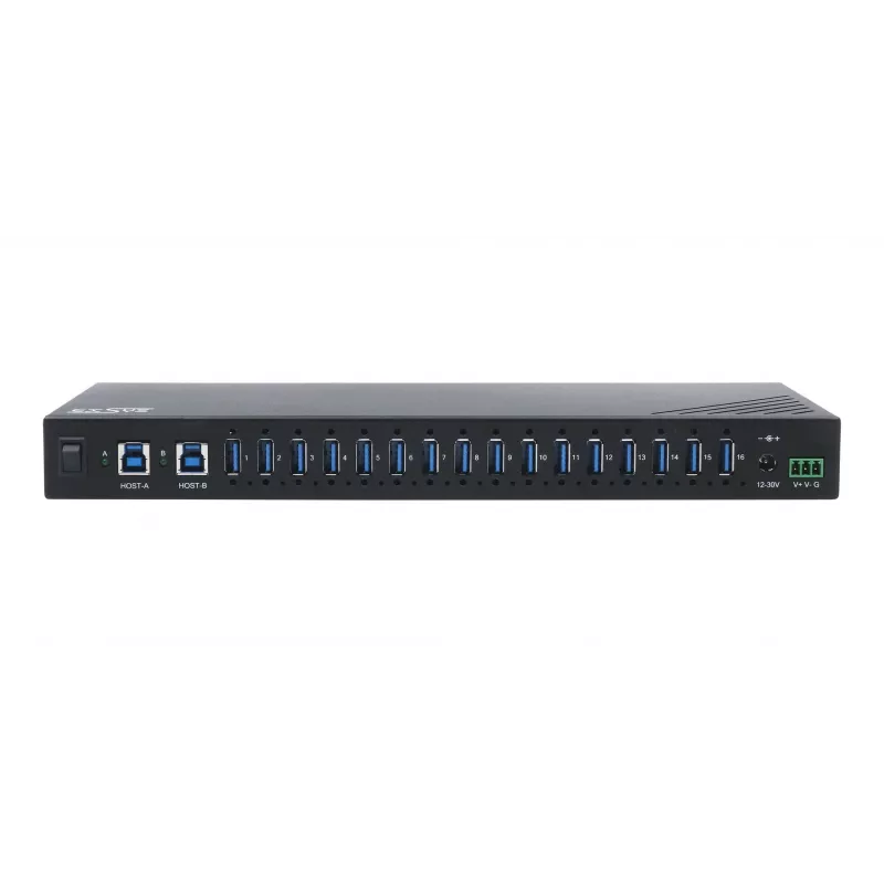EXSYS EX-11236HMS 16 prievadų USB 3.2 Gen 1 pramoninis šakotuvas su 15KV ESD apsauga, sieniniu ir DIN bėgio tvirtinimu
