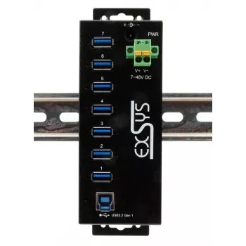 EXSYS USB 3.2 Gen1 7 prievadų pramoninis šakotuvas su DIN bėgio tvirtinimo komplektu ir 15kV ESD apsauga (EX-1187HMVS-2)