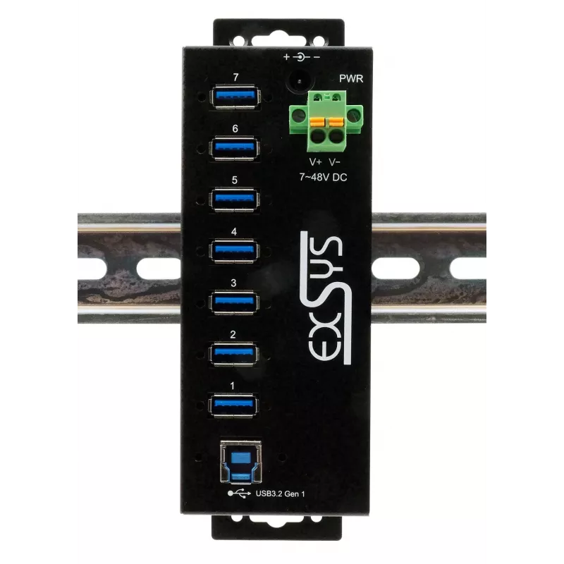EXSYS USB 3.2 Gen1 7 prievadų pramoninis šakotuvas su DIN bėgio tvirtinimo komplektu ir 15kV ESD apsauga (EX-1187HMVS-2)