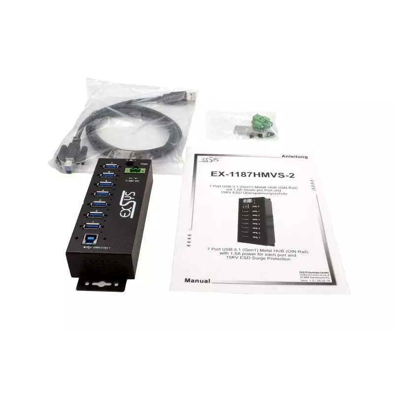 EXSYS USB 3.2 Gen1 7 prievadų pramoninis šakotuvas su DIN bėgio tvirtinimo komplektu ir 15kV ESD apsauga (EX-1187HMVS-2)