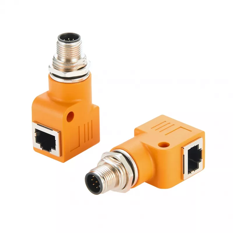 EXSYS EX-49502 M12 A koduotas 8 kontaktų kištukas į RJ45 lizdą 90° pramoninis Ethernet adapteris