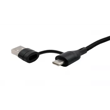 EXSYS EX-K1404 2-in-1 į 3-in-1 USB-C/A į USB-C/Micro B/Lightning nailonu pintas daugiafunkcis įkrovimo ir duomenų kabelis, 1,2 m, juodas