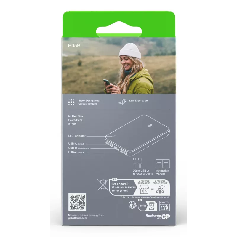 GP PowerBank B+ Series 5000 mAh nešiojamas įkroviklis, samanų žalios spalvos (GPPBB05BGYBSR523)
