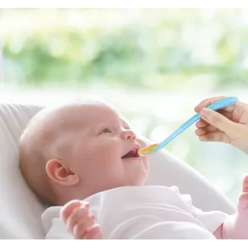 Kidsme kūdikių maitinimo šaukštai, 2 vnt., akvamarino spalvos, maistinio silikono, nuo 4 mėn.