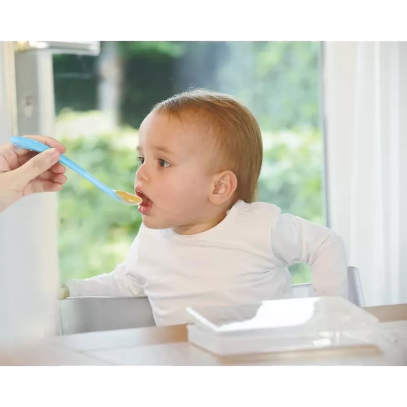 Kidsme kūdikių maitinimo šaukštai, 2 vnt., akvamarino spalvos, maistinio silikono, nuo 4 mėn.