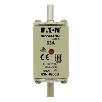 Eaton 63NHG00B NH saugiklis 63 A 500 V AC gG 00 dydis su mechaniniu indikatoriumi (3 vnt. pakuotė)