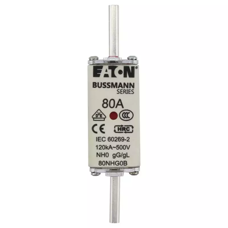 Eaton 80NHG0B NH tipo saugiklis, 0 dydis, 80 A, 500 V AC, gG, mechaniniu indikatoriumi, 3 vnt.