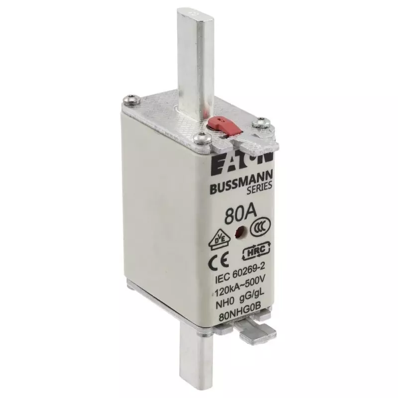 Eaton 80NHG0B NH tipo saugiklis, 0 dydis, 80 A, 500 V AC, gG, mechaniniu indikatoriumi, 3 vnt.