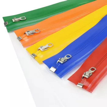 Rapesco Zippi Bags A5+ užtrauktuku užsegami maišeliai, 250 x 195 mm, permatomi su mėlynu, oranžiniu, žaliu, raudonu, geltonu apvadu, 5 vnt. 1502