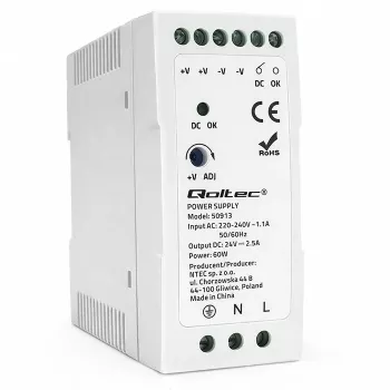 Qoltec DIN bėgio maitinimo šaltinis 60W 24V 2.5A baltas plonas