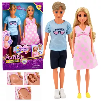 LEAN TOYS Anlily Family lėlių rinkinys: nėščia mama, tėtis, kūdikis, naujagimis