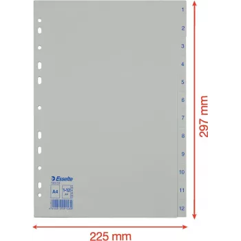 LEITZ Esselte plastikiniai skyrikliai, numeruoti 1-12, A4, balti, universalus perforavimas, 10 rinkinių (100153)