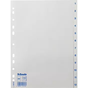 LEITZ Esselte plastikiniai skyrikliai, numeruoti 1-12, A4, balti, universalus perforavimas, 10 rinkinių (100153)