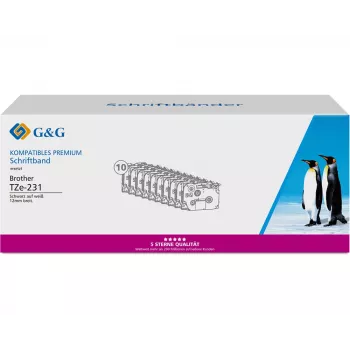 G&G 20100 suderinama etikečių juosta Brother TZe-231, 12 mm, juoda ant baltos, 10 vnt. paketas