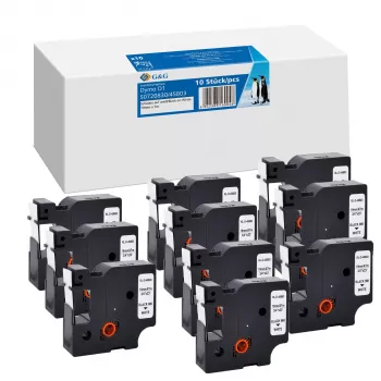 G&G BB-D-G-D1-45803-10 suderinama etikečių juostos kasetė, 10 vnt. paketas, 19 mm x 7 m, balta juosta, juodas spaudmuo, skirta DYMO D1