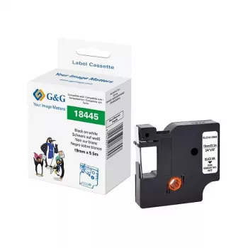 G&G Rhino 21680 suderinama etikečių juosta 19 mm juoda ant baltos, skirta Dymo Rhino