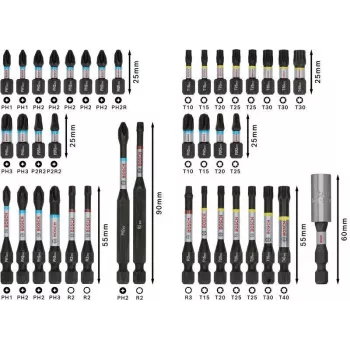 Bosch 2608521U79 34 dalių grąžtų ir atsuktuvų antgalių rinkinys su magnetiniu universaliuoju laikikliu, X-Line dėklas