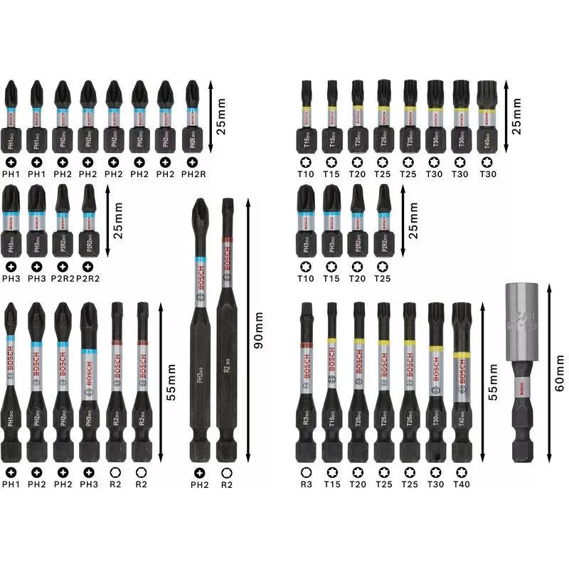 Bosch 2608521U79 34 dalių grąžtų ir atsuktuvų antgalių rinkinys su magnetiniu universaliuoju laikikliu, X-Line dėklas