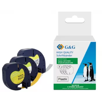 G&G TD-RL-D-91201/2/8-3P etikečių juostos rinkinys, 12 mm, 3 vnt. (balta, geltona, sidabrinė su juodu spaudu), suderinamas su DYMO D1