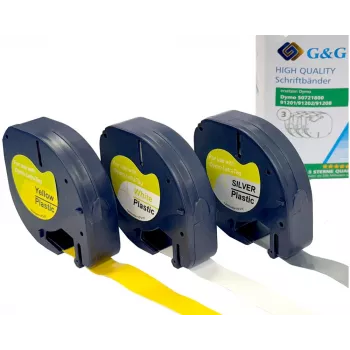 G&G TD-RL-D-91201/2/8-3P etikečių juostos rinkinys, 12 mm, 3 vnt. (balta, geltona, sidabrinė su juodu spaudu), suderinamas su DYMO D1