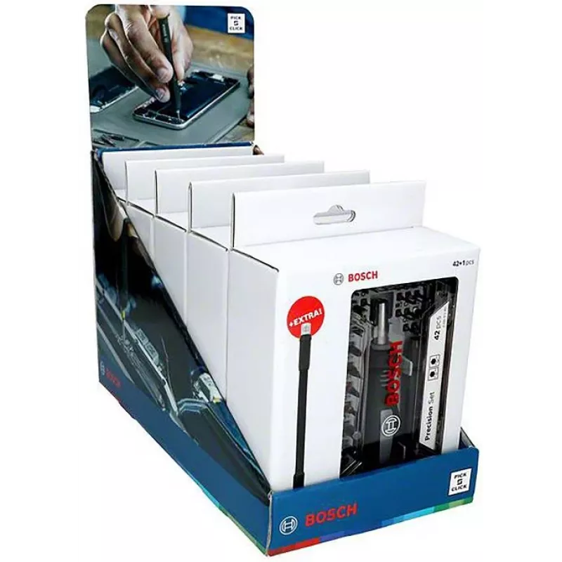 Bosch Precision atsuktuvų antgalių rinkinys su stendu, 5 rinkiniai po 33 dalis (iš viso 165), S2 plienas, 1/4 inch šešiakampis, PH/PZ/S/H/T antgaliai, magnetinis laikiklis, prekybinis stendas 2607002837,0