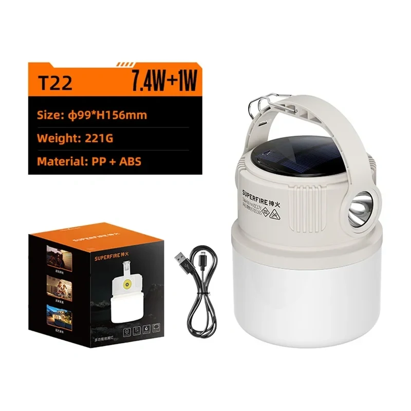 SUPERFIRE T22 įkraunama LED stovyklavietės lempa su power bank funkcija, 350 liumenų, magnetiniu pagrindu, pakabinimo kabliu, IP44