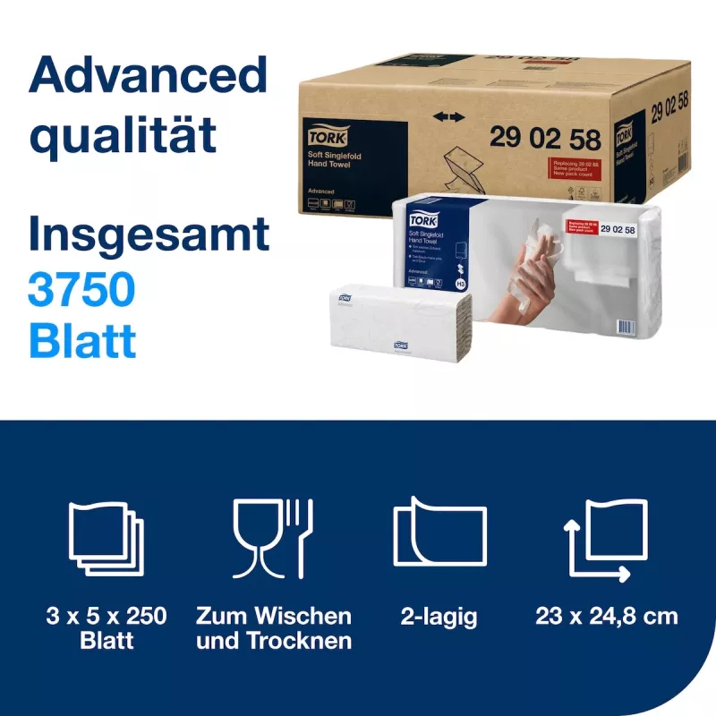 Tork Advanced H3 Z-Fold popieriniai rankšluosčiai, 2 sluoksnių, balti (290258) – 3750 rankšluosčių