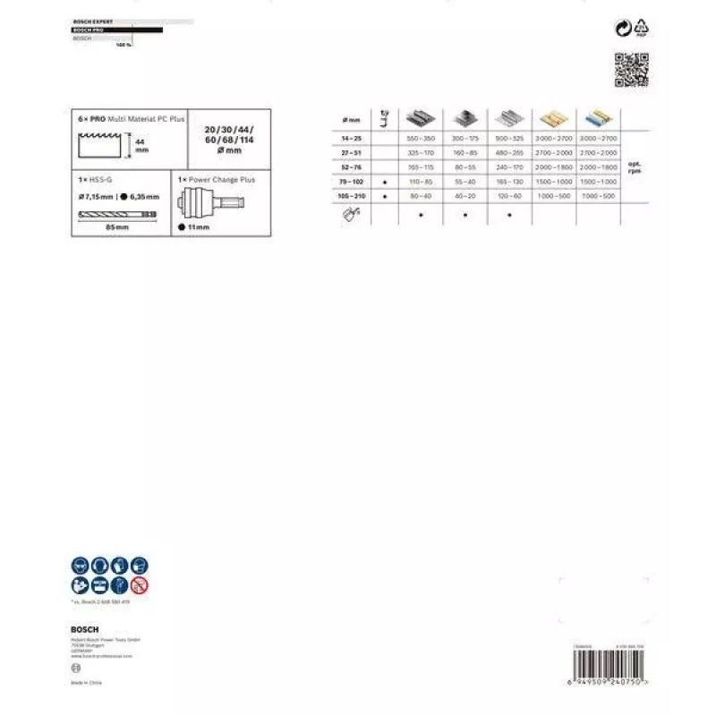Bosch Progressor medienai ir metalui skirtų kiaurymių pjūklų rinkinys, 7 dalys, 20-114 mm skersmuo, Power Change įtvaras, HSS bimetalinis, su dėklu 2608594431
