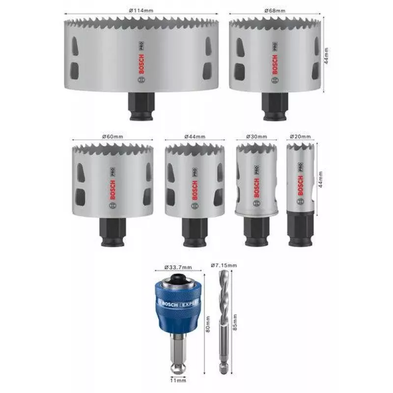 Bosch Progressor medienai ir metalui skirtų kiaurymių pjūklų rinkinys, 7 dalys, 20-114 mm skersmuo, Power Change įtvaras, HSS bimetalinis, su dėklu 2608594431