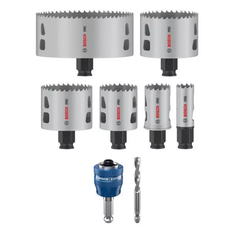 Bosch Progressor medienai ir metalui skirtų kiaurymių pjūklų rinkinys, 7 dalys, 20-114 mm skersmuo, Power Change įtvaras, HSS bimetalinis, su dėklu 2608594431