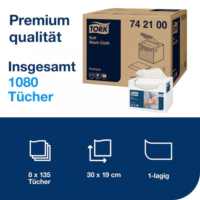 Tork Premium Soft plovimo servetėlės 1 sluoksnio baltos, 1080 vnt. (742100)