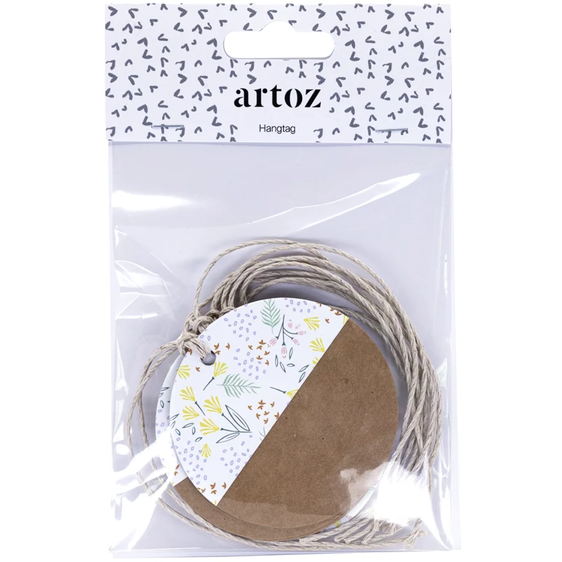Artoz popierinės dovanų etiketės rudos baltos pakabinamos rinkinys Kraft apvalios 6,5 cm 6 vnt. (144500-255)