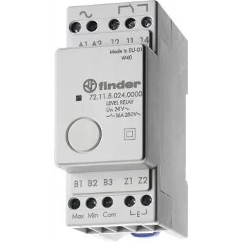 Finder 72.11.9.024.0000 lygio kontrolės relė, 24V AC/DC, fiksuotas 150 kΩ jautrumas, 1 CO 10A, DIN bėgelis
