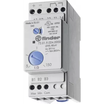Finder 72.01 serijos lygio kontrolės relė laidžių skysčių stebėjimui, 24V AC/DC, 1 CO, 720180240002