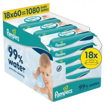 Pampers Aqua šlapios servetėlės kūdikiams, 18 pakelių po 60, 1080 vnt., 99% gryno vandens, bekvapės