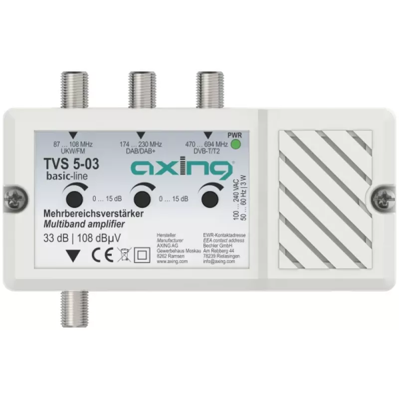AXING TVS 5-03 daugiakanalis stiprintuvas 33 dB, 3 įėjimai FM/DAB/DAB+/DVB-T2