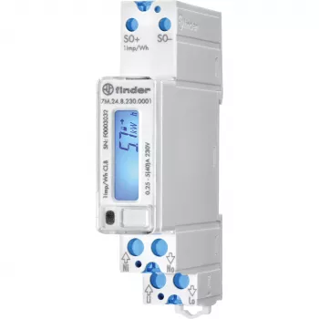 Finder 7M.24.8.230.0001 vienfazis skaitmeninis energijos skaitiklis, 230 V AC, 5(40) A, 1 klasė, LCD, S0 impulsų išėjimas, DIN bėgelis, 1 modulis, MID neatitinka