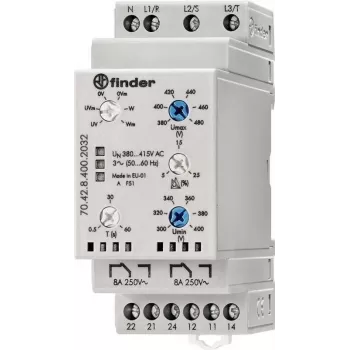 Finder 3 fazių stebėjimo relė, 380-415 V AC, 2 CO, DIN bėgelis, 35 mm 704284002032